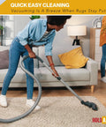 Person vacuuming rug with Nonskid Rug Pad 3' x 5' Plush Reversible Gripper One Quarter Inch Thick, safe for all floors.