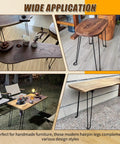 Heavy Duty Foldable Hairpin Table Legs Four Pack Sixteen Point Five Inch Top Tier Solid Steel Furniture Base in various table setups.