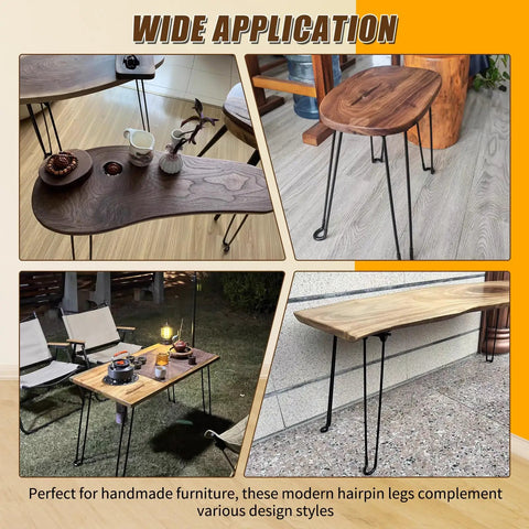 Heavy Duty Foldable Hairpin Table Legs Four Pack Sixteen Point Five Inch Top Tier Solid Steel Furniture Base in various table setups.