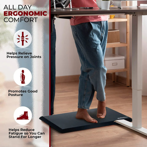 Person standing on Thick Three Quarter Inch Anti Fatigue Mat For Kitchen And Office Waterproof Floor Mat With Non Slip Grip 32.5 Inch By 20 Inch Heavy Duty PVC Ergonomic Foam Brown Leather Look For Standing Desk And Home Use