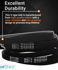 Stack of washer belts labeled with durability features for Whirlpool Maytag Jenn Air models, includes 211125 and 211124 belts.