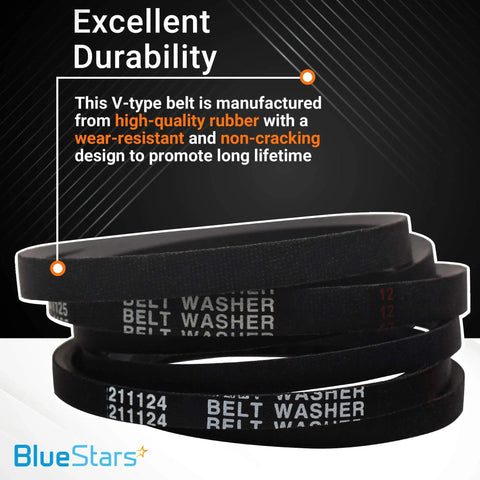 Stack of washer belts labeled with durability features for Whirlpool Maytag Jenn Air models, includes 211125 and 211124 belts.
