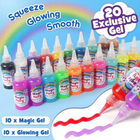 Glow In The Dark Water Fairy Toy Kit For Kids With Aqua Gel And 16 Molds, Includes 20 Gel Tubes displayed in various colors