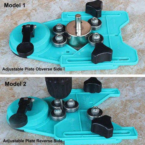 Diamond Hole Saw Set With 7 Pcs Drill Bits And Guide Jig, showing adjustable suction base jig, two angles for precise drilling in glass and ceramics