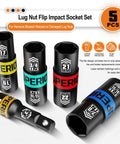 Half Inch Drive Lug Nut Impact Socket Set 5 Piece Thin Wall Flip Sockets With 3 Inch Extension Bar Laser Etched Size Markings