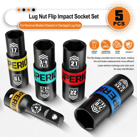 Half Inch Drive Lug Nut Impact Socket Set 5 Piece Thin Wall Flip Sockets With 3 Inch Extension Bar Laser Etched Size Markings