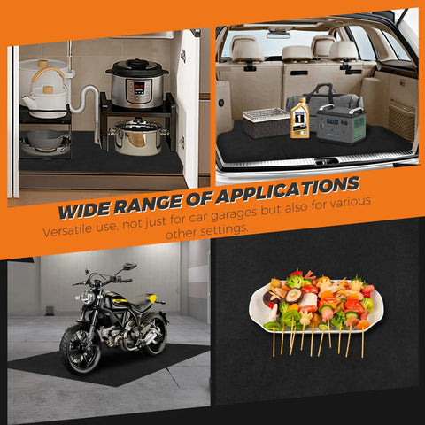 Various uses shown for Extra Large Garage Oil Spill Mat 36 By 60 Inches Drip Absorption Mat, including under machines and items.