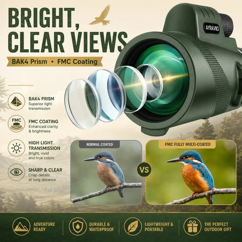 Rad Gift For Him Outdoor Monocular 10x42 For Hiking And Travel With Bright Clear Views Compact One Hand Use Ideal For Dad Husband Teen And Any Guy Into Weekend Adventures. Green monocular with BAK4 prism and FMC coating, front lens view