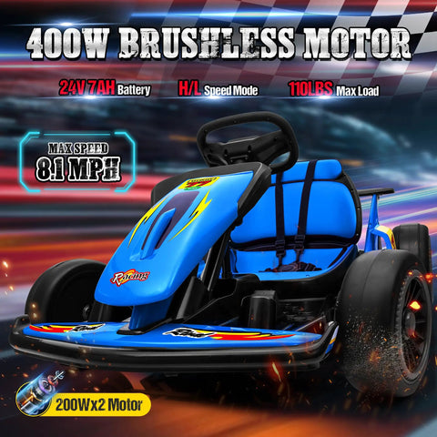 24V Dual 200W Electric Go Kart For Kids 6 To 12, Outdoor Drift Car Ride On With EVA Tires, Blue model front view