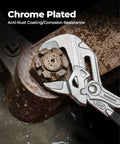 7-Inch Chrome Plated Pliers Wrench With CR-V Steel, Anti-Rust Coating gripping a rusty pipe joint.