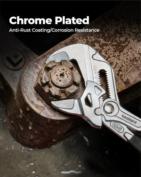 7-Inch Chrome Plated Pliers Wrench With CR-V Steel, Anti-Rust Coating gripping a rusty pipe joint.