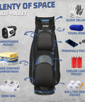Image showing Cart Golf Bag With 15 Way Top Divider For Easy Club Access Lightweight Cart Bag With Cooler And Rain Cover Built To Last For Men And Women Huge Storage Weatherproof Top Smooth Glide Wheels Ready For All Weather highlighting various pockets and compartments.