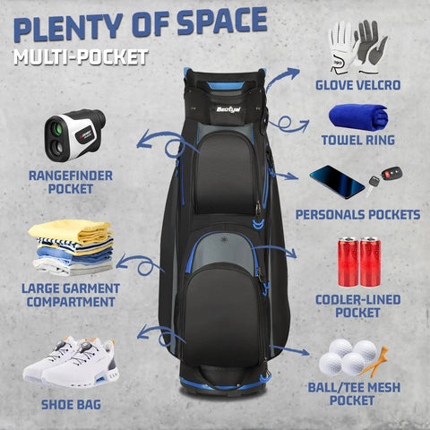 Image showing Cart Golf Bag With 15 Way Top Divider For Easy Club Access Lightweight Cart Bag With Cooler And Rain Cover Built To Last For Men And Women Huge Storage Weatherproof Top Smooth Glide Wheels Ready For All Weather highlighting various pockets and compartments.