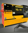 Heavy Duty Electric Rebar Bender With Touchscreen CNC Control showing the YG-10 model with bent rebar stirrups.