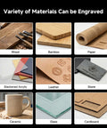 Infographic showing engravable materials: wood, bamboo, paper, acrylic, leather, stone, ceramic, glass, cardboard.