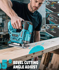 Cerycose cordless jig saw with teal body, Makita 18V compatibility, laser guide, 45° bevel, LED light