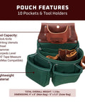 Front view of OxyLights 3 Pouch Tool Bag with Tape Holder in green, showing 10 pockets, leather accents, and tool features chart.