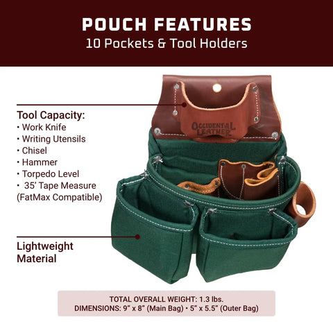 Front view of OxyLights 3 Pouch Tool Bag with Tape Holder in green, showing 10 pockets, leather accents, and tool features chart.
