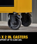 Close-up of caster wheels on the Rolling Tool Chest With Eight Drawers 52 Inch Wide 100 Pound Drawer Capacity Heavy Duty Mobile Workshop Storage To Fit Your System DWST52082 Includes Rails And Tool Holsters