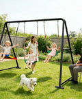 Family enjoying 3-In-1 Backyard Swing Set With Platform Swing And Two Belt Swings, Heavy-Duty Metal Frame, 600 Lb Capacity, outdoors