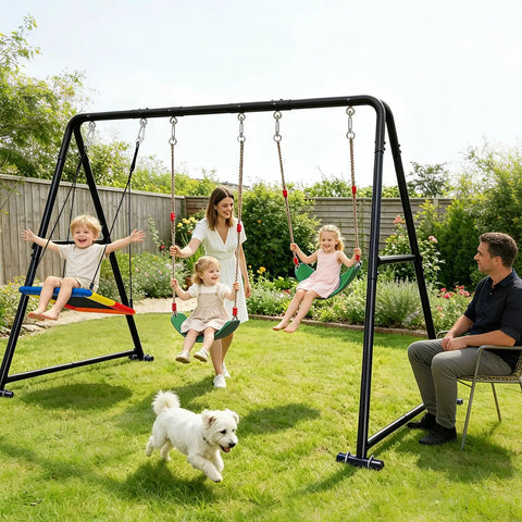 Family enjoying 3-In-1 Backyard Swing Set With Platform Swing And Two Belt Swings, Heavy-Duty Metal Frame, 600 Lb Capacity, outdoors