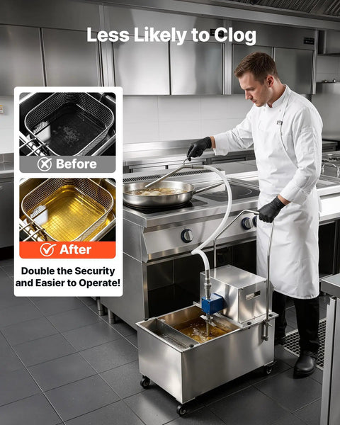 VEVOR Commercial Mobile Fryer Filter Truck Cart 55 Liter Oil Filtration System in use, stainless steel with chef managing grease.
