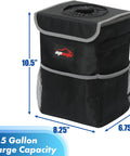 Side view of 2.5 gallon waterproof car trash can with lid and storage pockets, leak proof interior, dimensions shown.