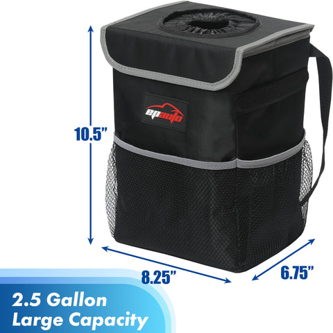 Side view of 2.5 gallon waterproof car trash can with lid and storage pockets, leak proof interior, dimensions shown.
