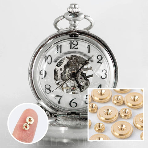 Brass Clock Hand Nut Set 24 Piece Assortment With Outer Diameters 5mm 6mm And 10mm shown with clock in background