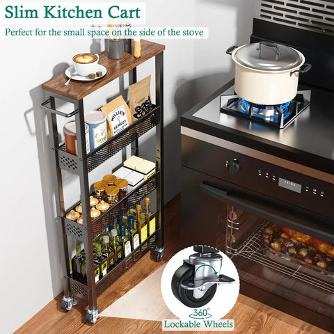 Front view of Go To Slim Four Tier Rolling Storage Cart For Narrow Spaces With Wood Top And Metal Handle Mobile Kitchen And Pantry Shelving Unit On Wheels next to a stove, showing lockable wheels and kitchen items stored on shelves.
