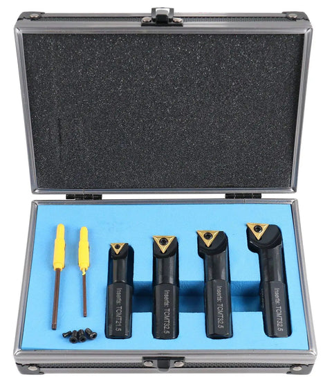 Beefy Pro Grade 4 Piece Stubby Length Indexable Boring Bar Set With Carbide TiN Coated TCMT Inserts and Spare Screws in case.