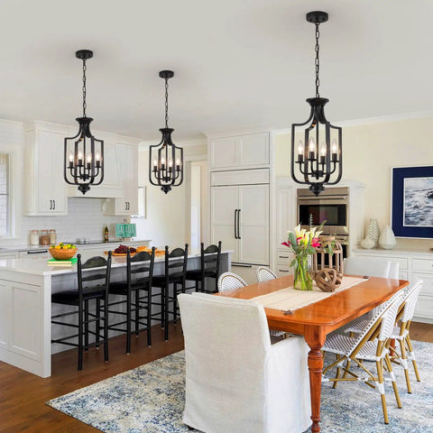10.63 Inch Black Farmhouse Chandelier With Four Lights Modern Industrial Lantern in kitchen dining area