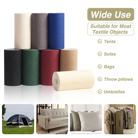 Hella Tough Canvas Repair Tape 4X70 Inch Self Adhesive Fabric Patch With Double Waterproof Coating And Anti Yarn Tech For Repairing Tents Boat Covers Patio Furniture Car Seats And Luggage Light Beige, various colors displayed.
