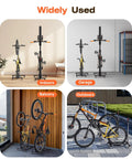 Freestanding Bike Stand With 360 Degree Lockable Wheels, adjustable for bikes up to 29 inches, shown indoors and outdoors