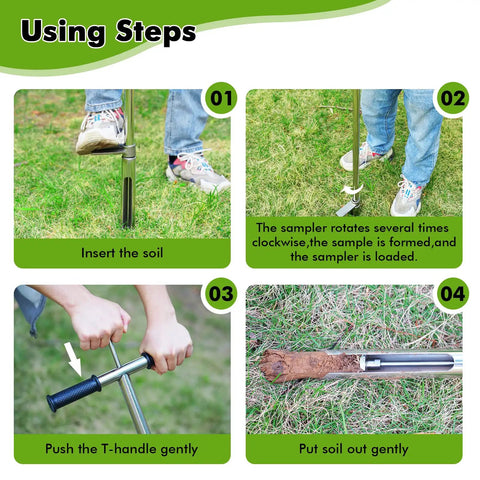 Using the 40 Inch Stainless Steel Soil Probe With Ejector and Foot Pedal for Easy Lawn Garden and Farm Soil Sampling and Testing steps.