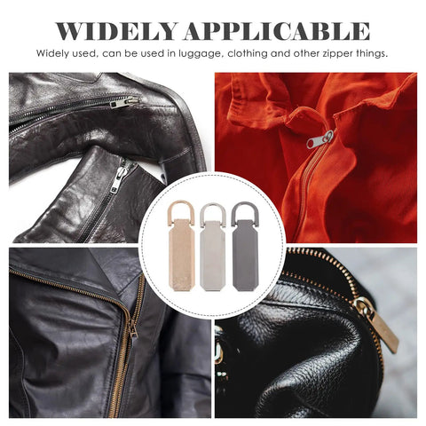 Heavy Duty Zinc Alloy Zipper Pull Tabs Replacement Kit For Backpacks Coats Jackets 12 Piece Set collage with different zippers.