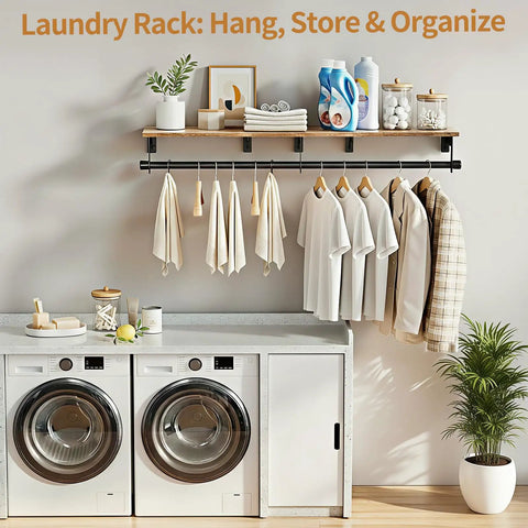Heavy Duty Wall Mount Clothes Rack Featuring A Solid Wood Top Shelf And Rust Free Steel Framing For A No Fuss Entryway Setup That Bags Outerwear While Your Spot Stays Tight with hanging shirts and towels.