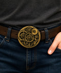 Handcrafted 3d Steampunk Gear Pewter Belt Buckle For Men And Women on brown belt with denim jeans.