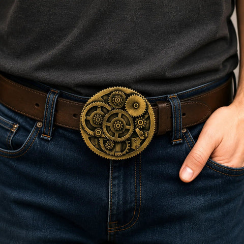 Handcrafted 3d Steampunk Gear Pewter Belt Buckle For Men And Women on brown belt with denim jeans.