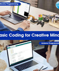 IoT STEM Kit For Kids And Teens, Smart Factory Starter Pack For Arduino ESP32, Learn Electronics And Programming With Real World Automation Projects, Compatible With Arduino Scratch, Robotic Arm, Sorting System, Smart Warehouse, 10 Plus; child using laptop