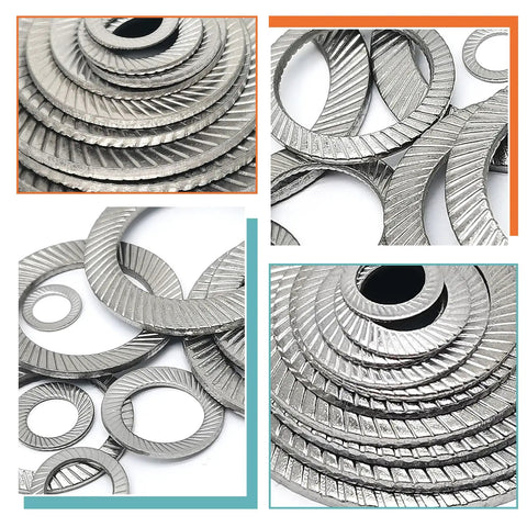 Premium M6 Lock Washers Double Sided 304 Stainless Steel close-up, showcasing knurled teeth design and various sizes in a 100 pack.