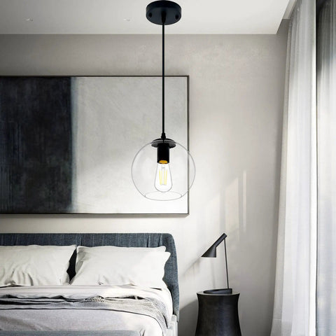 Industrial Farmhouse Globe Pendant Light Fixture With Adjustable Cord Black Hanging Ceiling Chandelier shown in bedroom setting