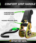Comfort grip handle and padded release pawl on Green 6 Foot Padded Ratchet Straps 1 Inch Wide 2 Pack, 1500 Pound Break Strength