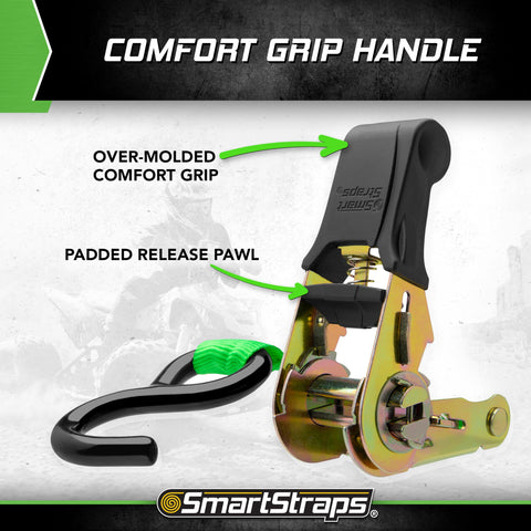 Comfort grip handle and padded release pawl on Green 6 Foot Padded Ratchet Straps 1 Inch Wide 2 Pack, 1500 Pound Break Strength