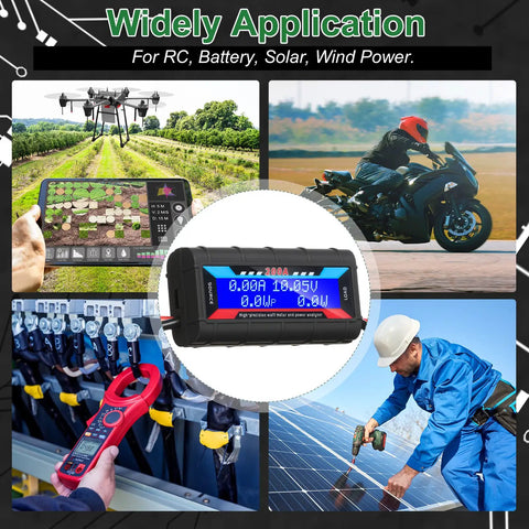 Widely used Two Pack 200A High Precision Watt Meter Power Analyzer And Battery Consumption Monitor With Dope Backlit LCD Display for RC, solar, and wind power.