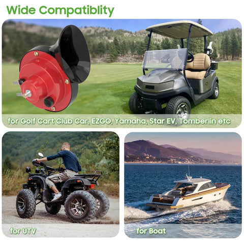 Universal 12 Volt Golf Cart Horn Kit with Easy Plug and Play Install Hand Steering Mount Button Horn Switch and Wire Harness for Yamaha Club Car EZGO ATVs UTVs Boats and Any 12 Volt Vehicle