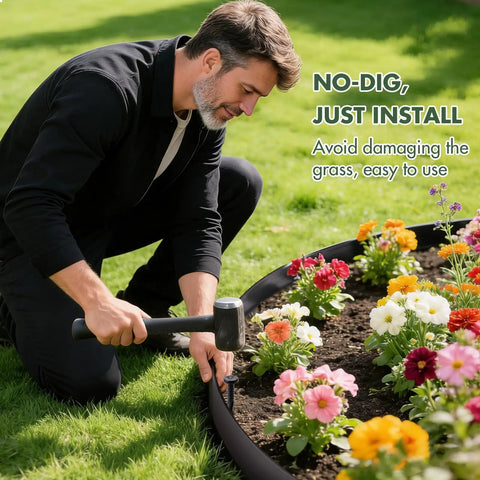 Person installing 1.5 Inch Tall Garden Edging Kit With 40 Ft Flexible Landscape Coil And 40 Spikes For Yard, Lawn And Flower Beds DIY Friendly