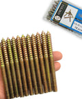 Top Shelf Heavy Duty Rock Solid 16 Pack 5/16 X 3 1/2 Inch Hanger Bolts Double Ended Wood Dowel Screws on display in hand.