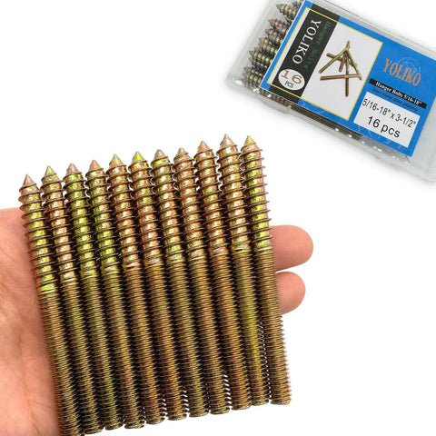Top Shelf Heavy Duty Rock Solid 16 Pack 5/16 X 3 1/2 Inch Hanger Bolts Double Ended Wood Dowel Screws on display in hand.
