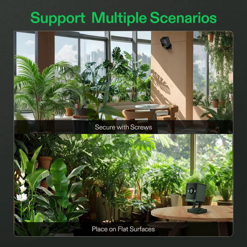2K QHD Smart Grow Camera For Indoor Tents And Grow Boxes With 2.4GHz WiFi in a plant-filled indoor space, mounted and on a table